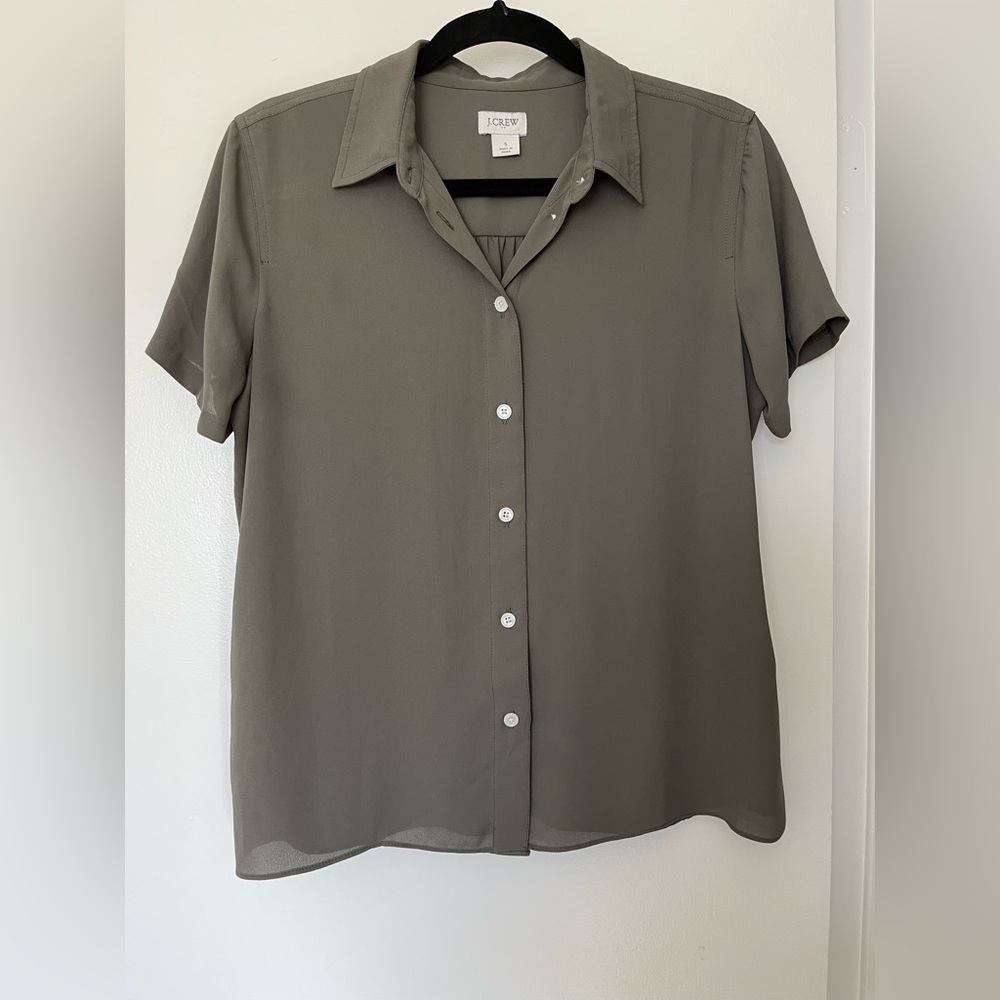 J. Crew olive green silky short sleeve button up top